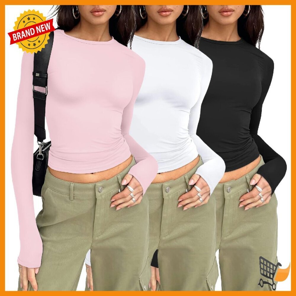 3-Pack Long Sleeve Crop Tops Fitted Stretch Basic Tees Set